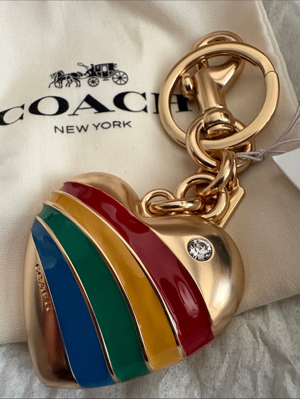 COACH Gold-Tone Heart Key Ring with Rainbow Enamel Stripes